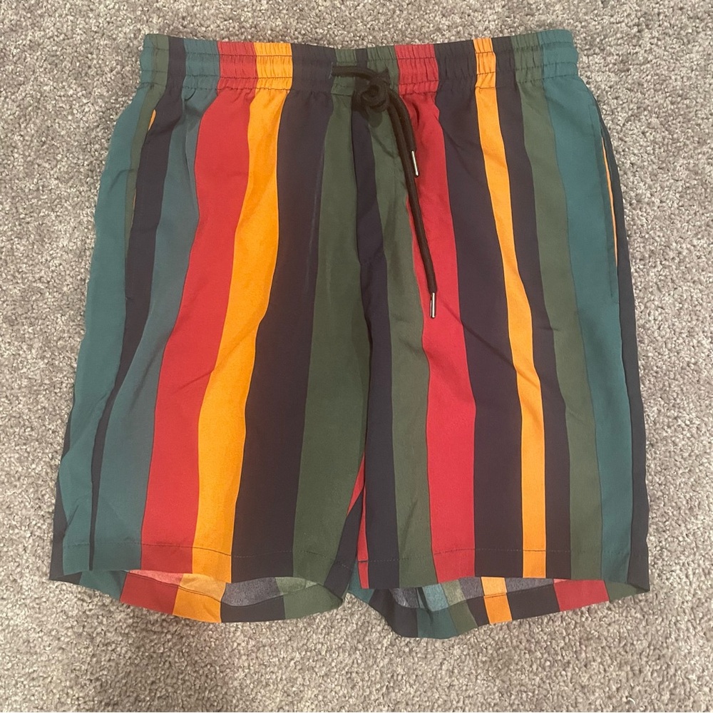 Men Striped Print Drawstring Waist Shorts Baggy Cool Stripe Colorful Boho Small
